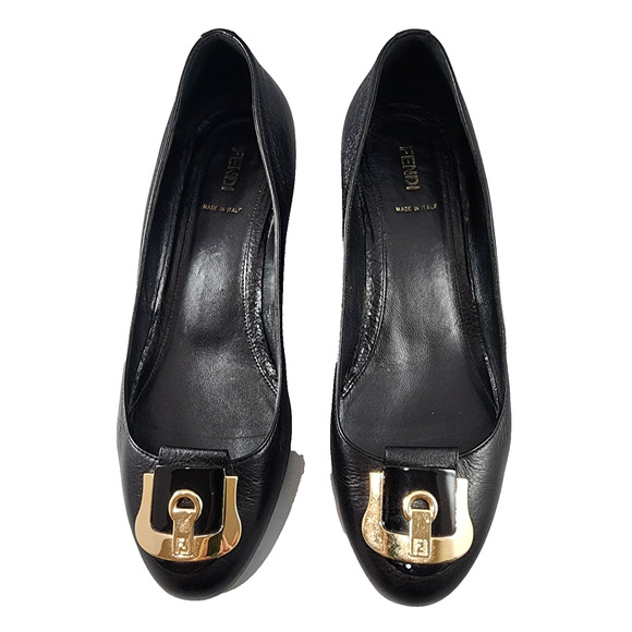 Fendi Black Leather Wedge Pumps Gold Logo Accent - IT Size 40 - US Size 10 - Picture 1 of 13